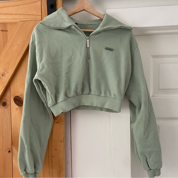 Bo+Tee Sage Green 1/4 Zip Cropped Sweatshirt - Picture 1 of 5